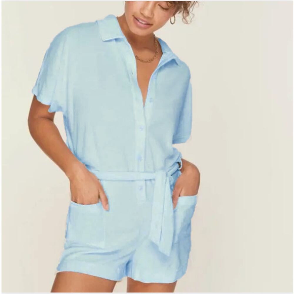 Andie Light Blue Short Sleeve Swim Coverup Romper